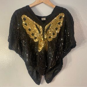 Vintage 1970’s 80’s Disco Sequin Silk Butterfly Blouse Gold & Black Glamour